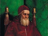 London National Gallery Next 20 05 Raphael - Pope Julius II Raphael - Portrait of Pope Julius II, 1512, 108 x 81 cm. This is a portrait of Pope Julius II, shortly before his death in 1513, wearing a red and white cape. The pope had grown a beard to show that he was upset about the loss of the city of Bologna. Julius II was a liberal patron of arts, employing Bramante for the design of St. Peter's cathedral, and bringing Raphael to Rome to decorate his private apartments and commissioning Michelangelo for the frescoes on the ceiling of the Sistine Chapel and for his own tomb. Julius is seated in an armchair adorned with his own personal emblem, the acorn. The popes head is in the centre of the painting, with a line emphasized down to the handkerchief in his hand.